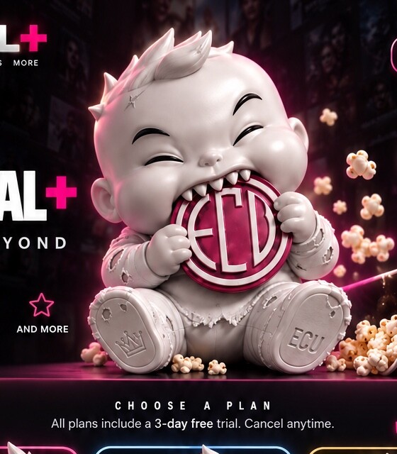 ETERNAL+ mascot holding the ECU emblem